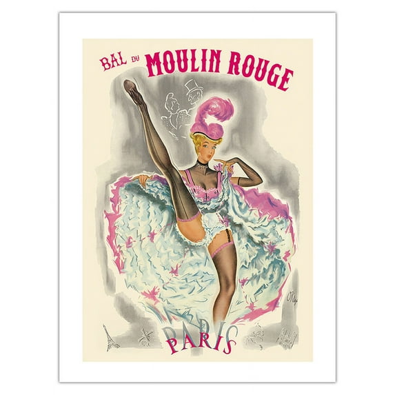 Paris France - Bal Du Moulin Rouge - French Cancan Dancer - Vintage Cabaret Poster by Pierre O’Kley c.1957 - Bamboo Fine Art 290gsm Paper (Unframed) 12x16in