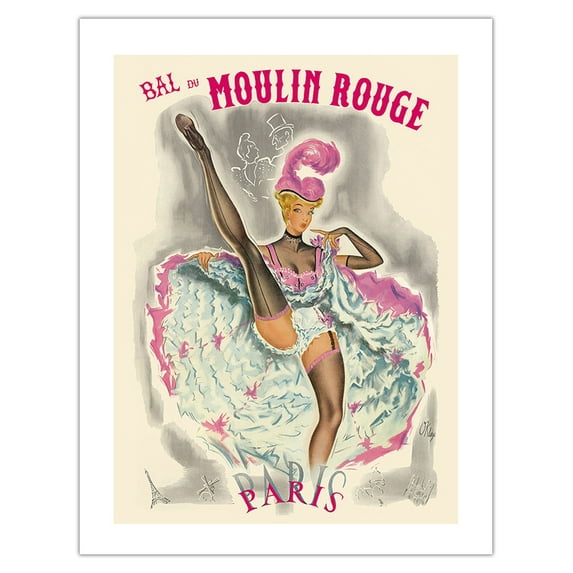 Paris France - Bal Du Moulin Rouge - French Cancan Dancer - Vintage Cabaret Poster by Pierre O’Kley c.1957 - Bamboo Fine Art 290gsm Paper (Unframed) 17x22in