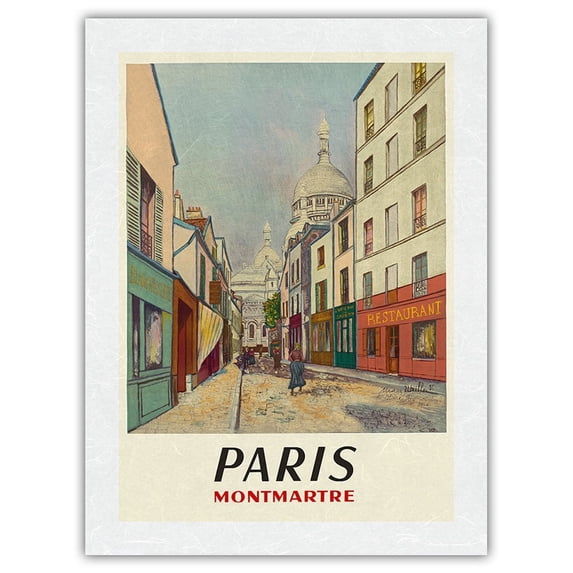 Paris France - Butte Montmartre - Basilica of the Sacré-Cœur - Vintage Travel Poster by Maurice Utrillo c.1953 - Japanese Unryu Rice Paper Art Print 24 x 32 in