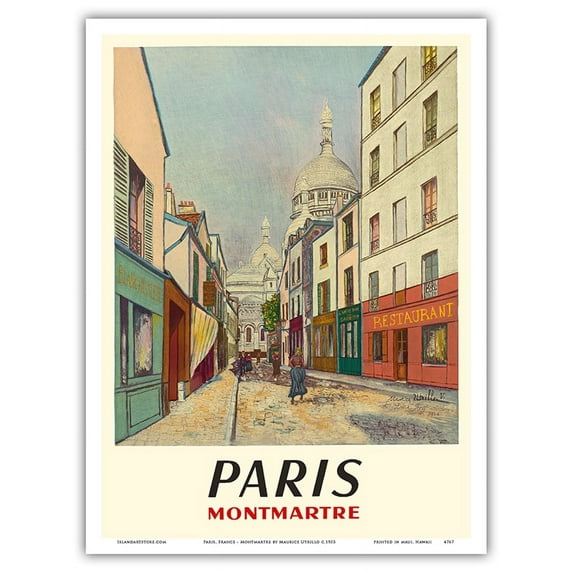 Paris France - Butte Montmartre - Basilica of the Sacré-Cœur - Vintage Travel Poster by Maurice Utrillo c.1953 - Master Art Print (Unframed) 9in x 12in