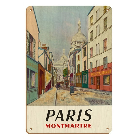 Paris France - Butte Montmartre - Basilica of the Sacré-Cœur - Vintage Travel Poster by Maurice Utrillo c.1953 - 8 x 12 inch Vintage Wood Art Sign