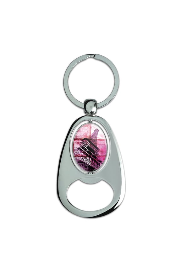 Paris France Eiffel Tower Arc de Triomphe Tile Collage Keychain Chrome Metal Spinning Oval Bottle Opener
