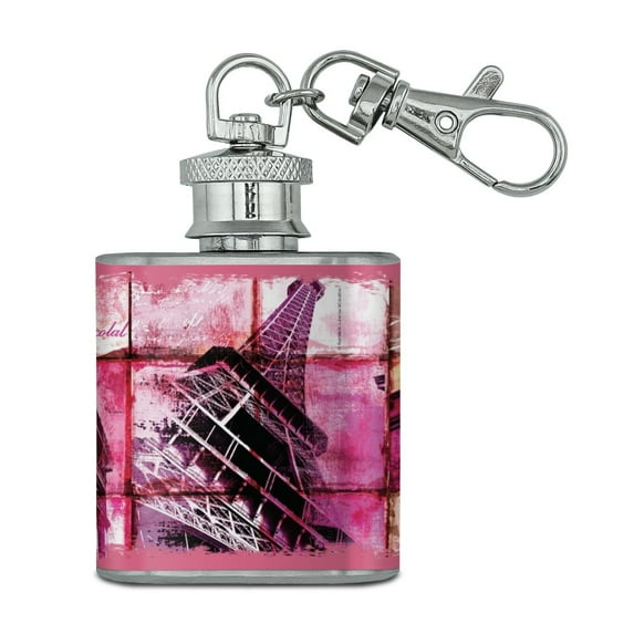 Paris France Eiffel Tower Arc de Triomphe Tile Collage Stainless Steel 1oz Mini Flask Key Chain