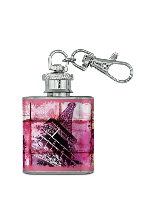 Paris France Eiffel Tower Arc de Triomphe Tile Collage Stainless Steel 1oz Mini Flask Key Chain