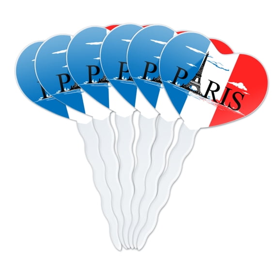 Paris France Eiffel Tower and Flag with Clouds Heart Love Cupcake Picks Toppers Decoration Set of 6