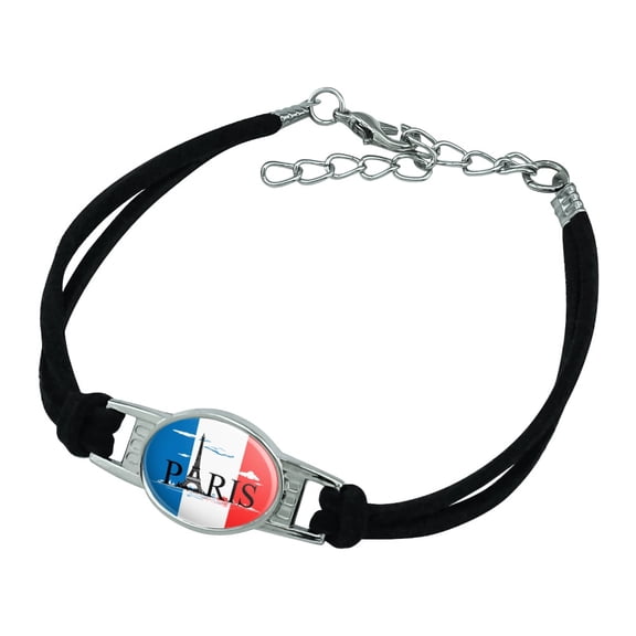 Paris France Eiffel Tower and Flag with Clouds Novelty Suede Leather Metal Bracelet
