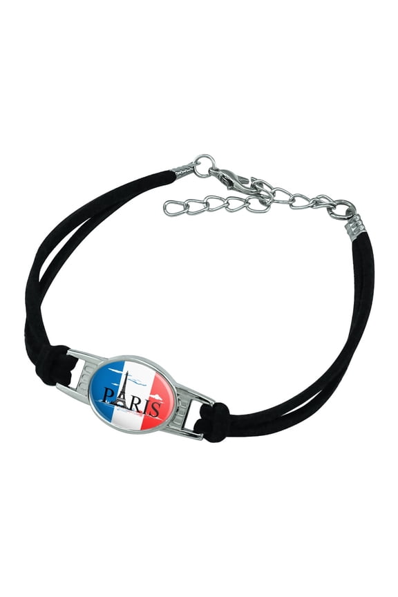 Paris France Eiffel Tower and Flag with Clouds Novelty Suede Leather Metal Bracelet