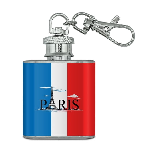 Paris France Eiffel Tower and Flag with Clouds Stainless Steel 1oz Mini Flask Key Chain