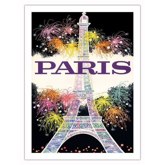 Paris France - Fireworks at Eiffel Tower - Vintage Travel Poster by David Klein c.1960s - Bamboo Fine Art 290gsm Paper Print (Unframed) 24x32in
