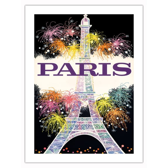 Paris France - Fireworks at Eiffel Tower - Vintage Travel Poster by David Klein c.1960s - Bamboo Fine Art 290gsm Paper (Unframed) 12x16in