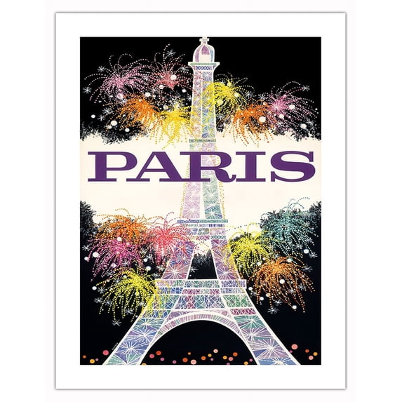 Paris France - Fireworks at Eiffel Tower - Vintage Travel Poster by David Klein c.1960s - Bamboo Fine Art 290gsm Paper (Unframed) 17x22in