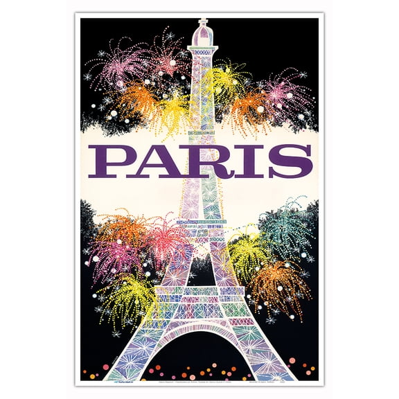 Paris France - Fireworks at Eiffel Tower - Vintage Travel Poster by David Klein c.1960s - Master Art Print (Unframed) 12in x 18in