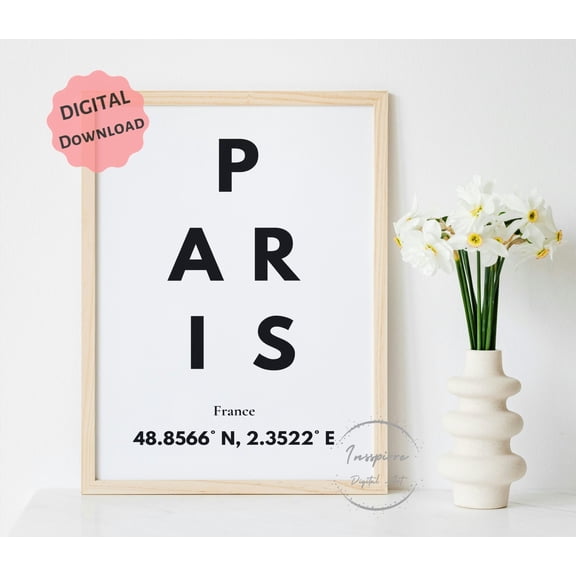 Paris France Gps Coordinates Travel Poster Latitude Longitude Sign Address Print Minimalist Decor