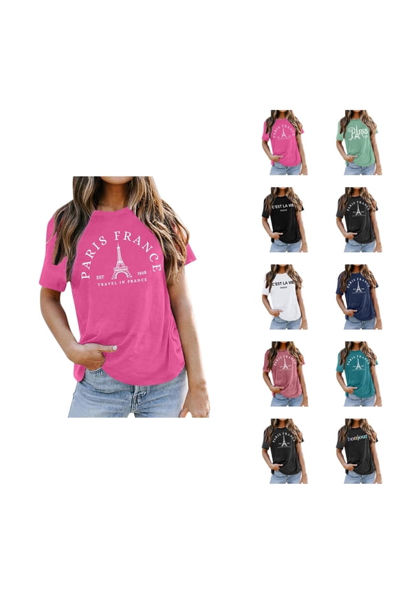 Paris France Graphic Tees for Women 2026 Summer Casual Short Sleeve Crewneck Travel T Shirts