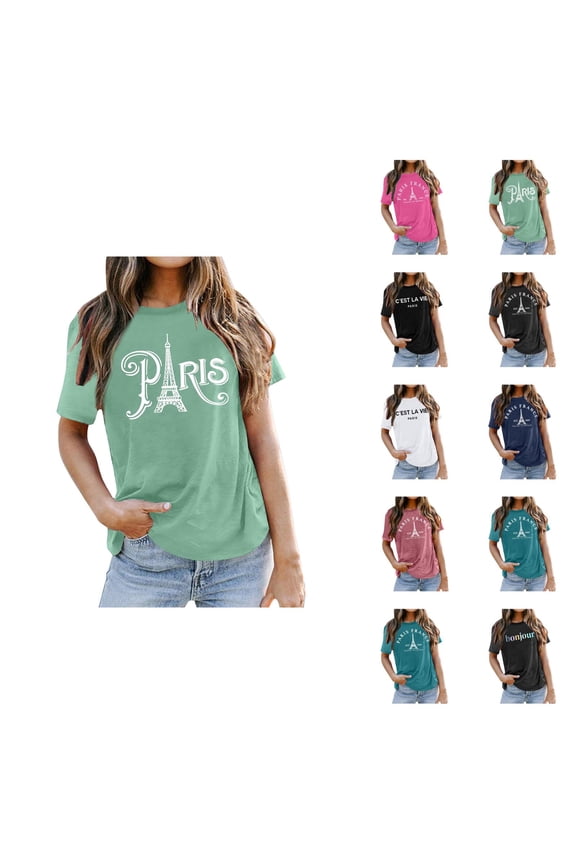 Paris France Graphic Tees for Women 2026 Summer Casual Short Sleeve Crewneck Travel T Shirts