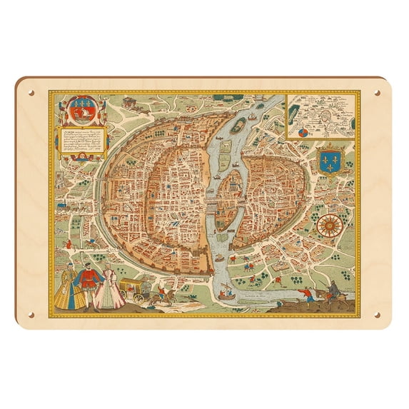 Paris France - Map of the City - Vintage Pictorial Map c.1578 - 8 x 12 inch Vintage Wood Art Sign