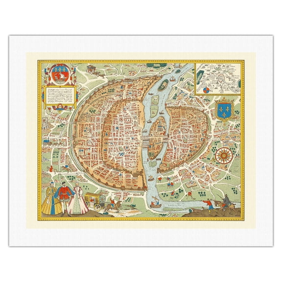Paris France - Map of the City - Vintage Pictorial Map c.1578 - Fine Art Rolled Canvas Print 20in x 26in
