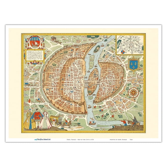 Paris France - Map of the City - Vintage Pictorial Map c.1578 - Master Art Print (Unframed) 9in x 12in