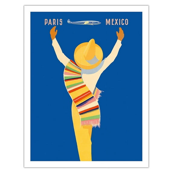 Paris France - Mexico - Native Mexican in Sombrero and Poncho - Vintage Airline Travel Poster by Edmond Maurus c.1950s - Fine Art Matte Paper Print (Unframed) 20x26in