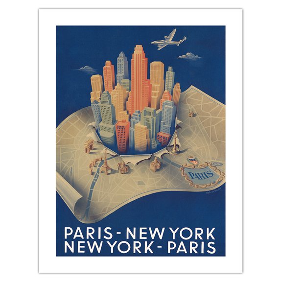 Paris France - New York City New York - Vintage Airline Travel Poster by Alphonse Dehedin c.1950 - Bamboo Fine Art 290gsm Paper (Unframed) 17x22in