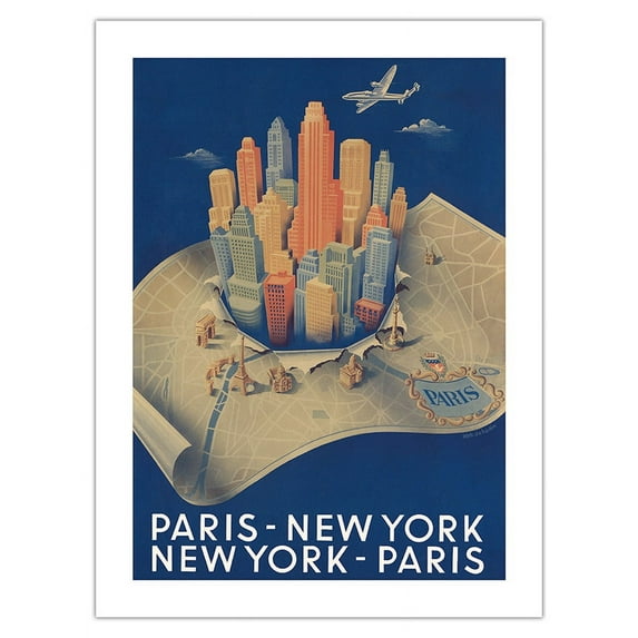 Paris France - New York City New York - Vintage Airline Travel Poster by Alphonse Dehedin c.1950 - Fine Art Matte Paper Print (Unframed) 18x24in