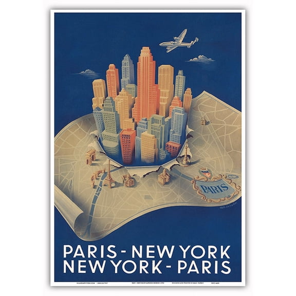 Paris France - New York City New York - Vintage Airline Travel Poster by Alphonse Dehedin c.1950 - Master Art Print 10in x 14in