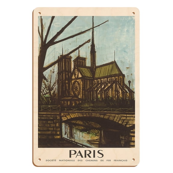 Paris France - Notre Dame - SNCF (French National Railway Company) - Vintage Railroad Travel Poster by Bernard Buffet c.1963 - 8 x 12 inch Vintage Wood Art Sign