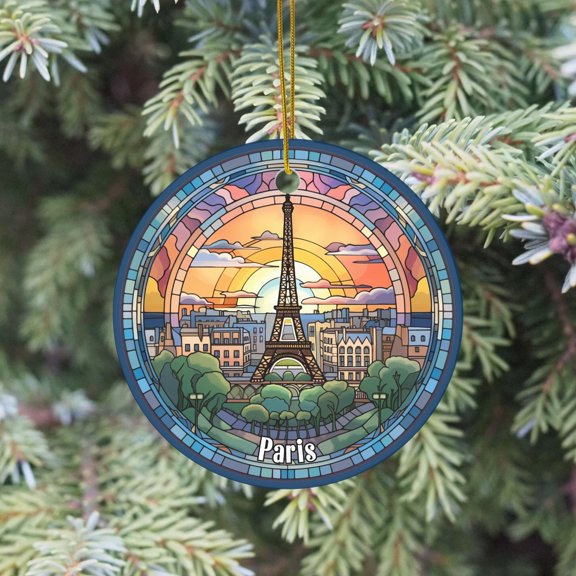 Paris France Ornament Family Christmas Ornament Travel Keepsake Ornament Christmas Gift Option 1 2D FLAT CIRCLE Ceramic Ornament