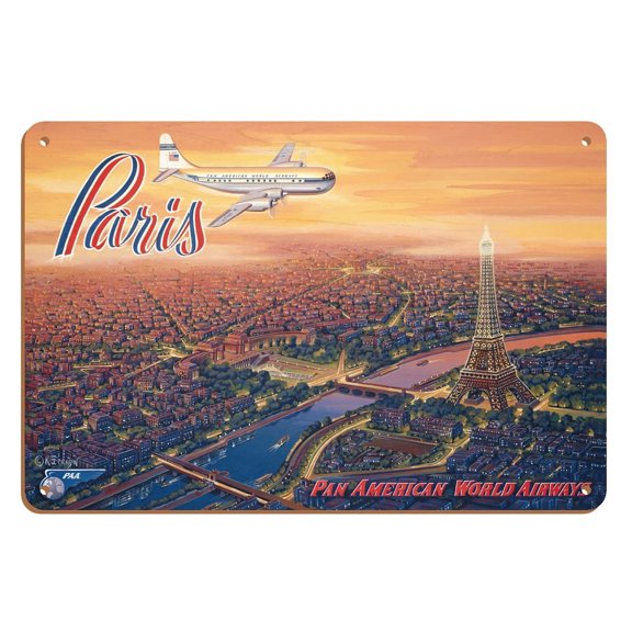 Over Paris France - Eiffel Tower - Boeing 377 Stratocruiser - Vintage Airline Travel Poster by Kerne Erickson - 8 x 12 inch Vintage Wood Art Sign