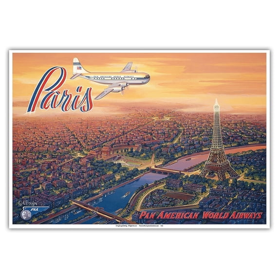 Over Paris France - Eiffel Tower - Boeing 377 Stratocruiser - Vintage Airline Travel Poster by Kerne Erickson - Master Art Print (Unframed) 13in x 19in