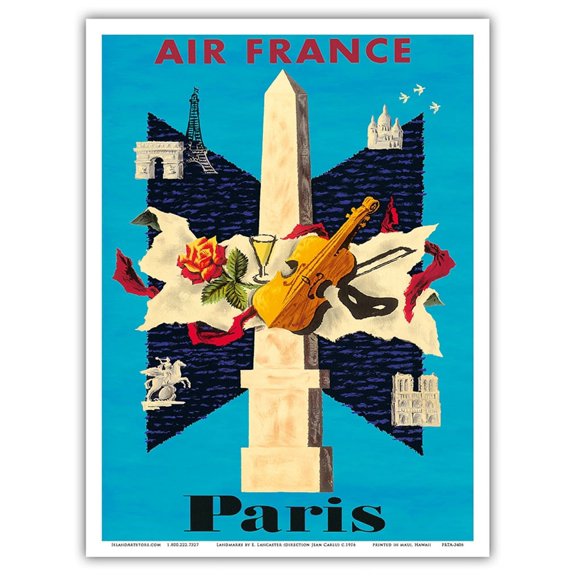 Paris France - Parisian Landmarks - Vintage Airline Travel Poster by E. Lancaster (direction Jean Carlu) c.1956 - Master Art Print (Unframed) 9in x 12in
