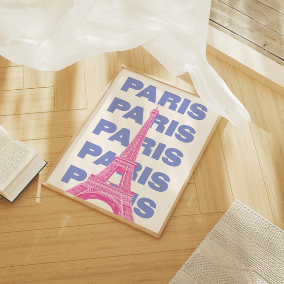 Paris France Pink Blue Eiffel Tower Travel Poster, 8x12 Poster Print