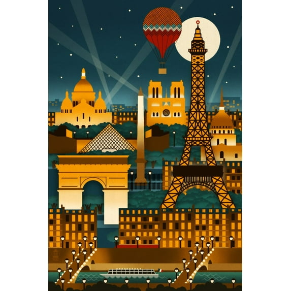 Paris, France, Retro Skyline (no text) (24x36 Giclee Gallery Art Print, Vivid Textured Wall Decor)