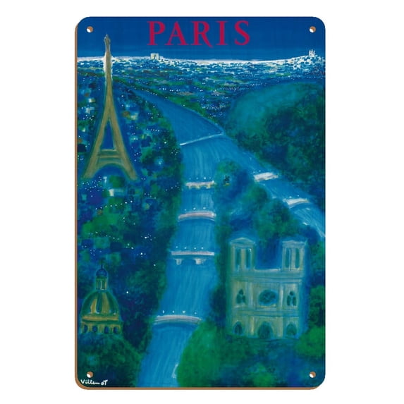 Paris France - River Seine Eiffel Tower Notre Dame - Vintage Airline Travel Poster by Bernard Villemot c.1963 - 8 x 12 inch Vintage Wood Art Sign