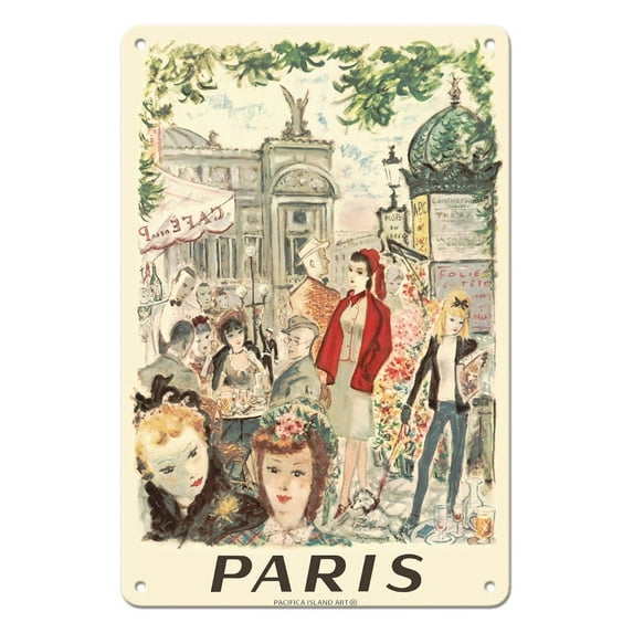 Paris France - Sidewalk Café Near Opera National de Paris - Vintage Railroad Travel Poster by André Dignimont c.1962 - 8 x 12 inch Vintage Metal Tin Sign