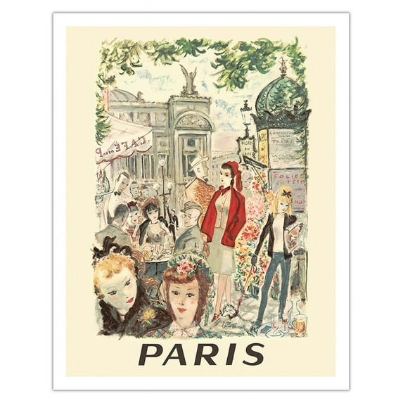 Paris France - Sidewalk Café Near Opera National de Paris - Vintage Railroad Travel Poster by André Dignimont c.1962 - Fine Art Matte Paper Print (Unframed) 11x14in