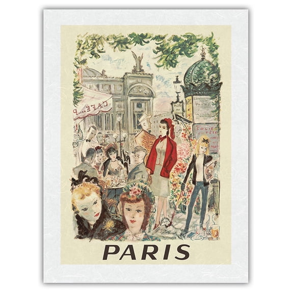 Paris France - Sidewalk Café Near Opera National de Paris - Vintage Railroad Travel Poster by André Dignimont c.1962 - Japanese Unryu Rice Paper Art Print 24 x 32 in