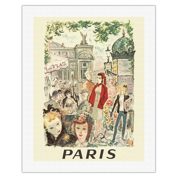 Paris France - Sidewalk Café Near Opera National de Paris - Vintage Railroad Travel Poster by André Dignimont c.1962 - Fine Art Rolled Canvas Print 20in x 26in