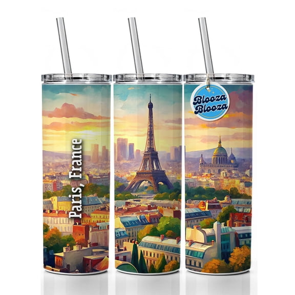 Paris, France Travel City Country Stamp 20oz Insulated Water Bottle Skinny Tumbler Includes Straw
