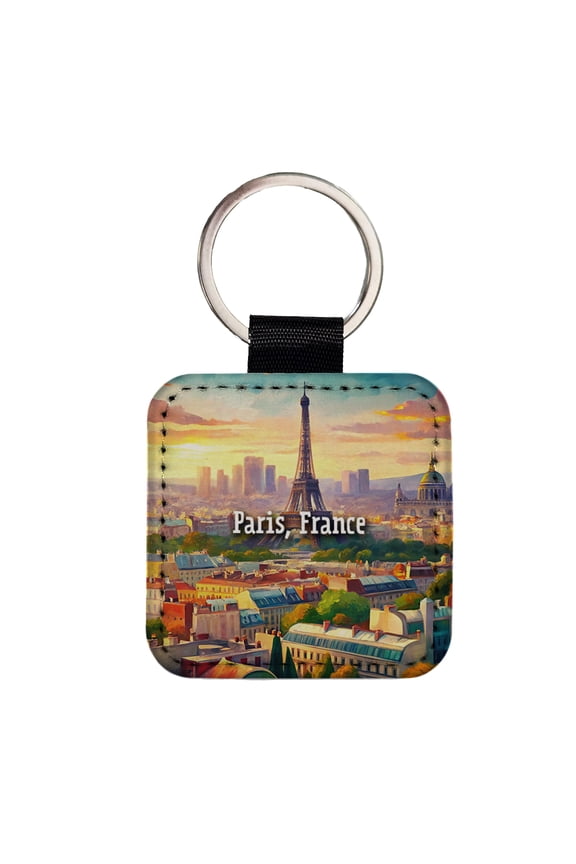 Paris, France Travel City Country Stamp Faux Leather Square Keychain