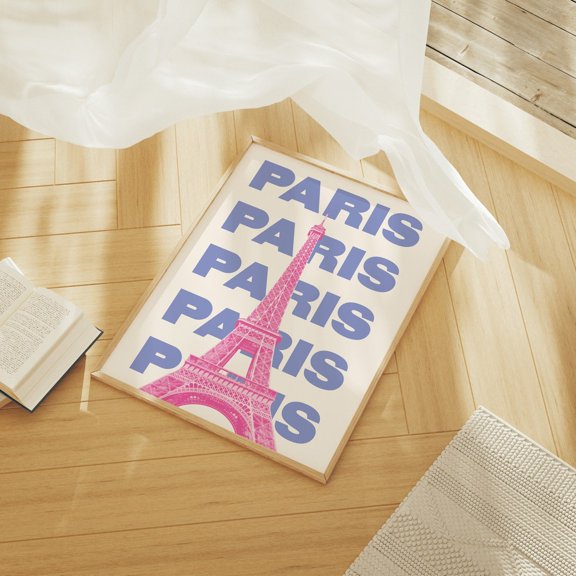 Paris France Travel Pink Blue Eiffel Tower Exhibition Wall Art, Unframed Canvas 16x20in
