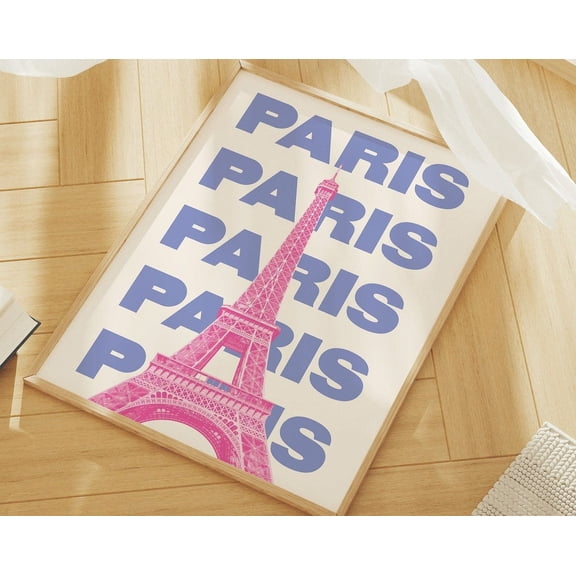 Paris France Travel Print, Art, Pink Blue Eiffel Tower Travel Exhibition Print, Cute Trendy Wall Art Wall Art, Modern Wall Decor, 16x24 UNFRAMED