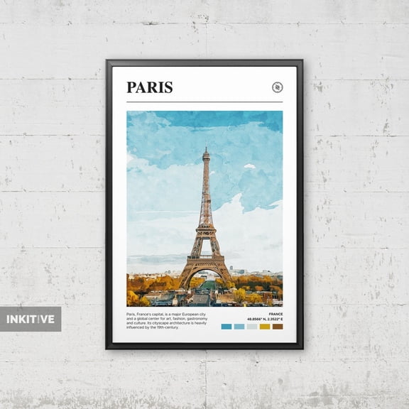 Paris France Watercolor Photo Travel Poster, Painted Travel Wall Art Print