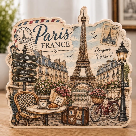 Paris France Wooden Block, Eiffel Tower Travel Decor, French Vintage Home Decor, Paris Lover Gift, Europe Travel Keepsake, Shelf NHUT98-RD