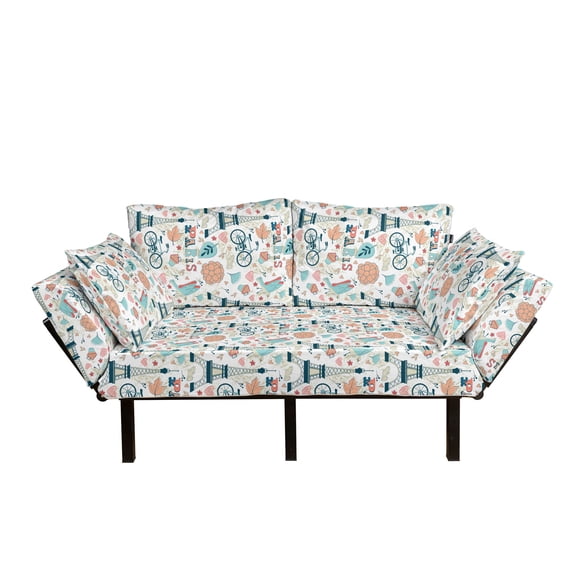 Paris Futon Couch, Dove Cupcake Eiffel Tower Flowers Falling Leaves Love Grungy Autumn in France Theme, Daybed with Metal Frame Upholstered Sofa for Living Dorm, Loveseat, Multicolor, by Ambesonne