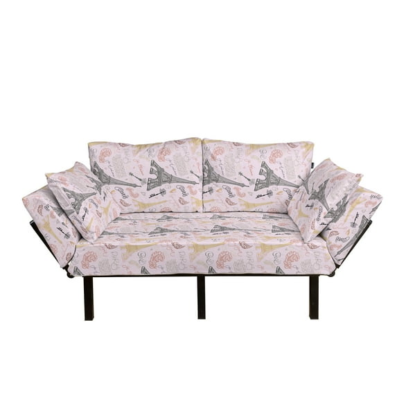 Paris Futon Couch, Eiffel Tower Sketch with Hand Lettering City Name Keys Quill Love Capital, Daybed with Metal Frame Upholstered Sofa for Living Dorm, Loveseat, Multicolor, by Ambesonne
