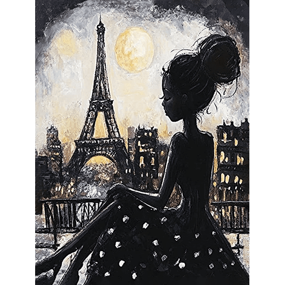 Paris Girl Eiffel Tower Night Scene Canvas Painting Suitable for Living Room Office Dining Room and Hotel Decoration.