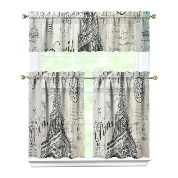 Paris Girly Pink Kitchen Curtains Set, Travel Adventure Vintage Style Tier and Valance, Airplane Flight Holiday Trip Themed Drapes for Office, Kitchen or Small Window Space