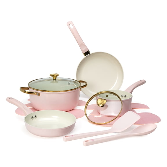 Paris Hilton 10-Piece Ceramic Nonstick Cookware Set, Cast Aluminum, Clean Ceramic Nonstick Coating, Dishwasher Safe, Pink