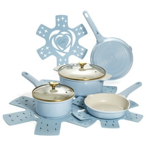 Paris Hilton 10-Piece Clean Ceramic Nonstick Cooking Pots and Pans with Lids Cookware Set with Heart Shaped Lid Knobs, Blue